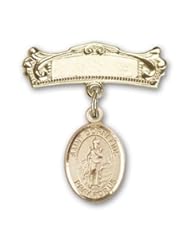 Gold Filled Baby Badge with St. Cornelius Charm and Arched Polished Badge Pin