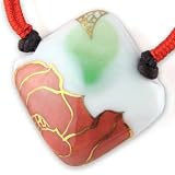 Painted Blush Red Lotus With Fine Gold Detail - Cherry Red Woven Accents - White Hand Made Diamond Shape Ceramic Pendant - Dark Brown Adjustable Necklace
