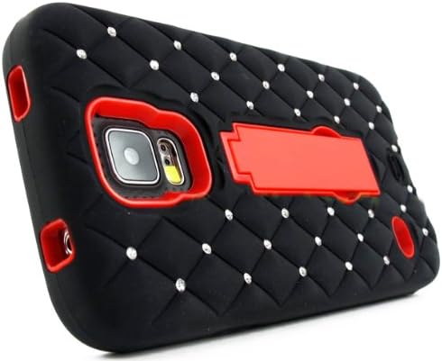 myLife (TM) Deep Midnight Black and Bright Red - Diamond Shock Suit Survivor Series (Built in Kickstand + Easy Grip Silicone) 3 Piece + 2 Layer Case for NEW Galaxy S5 (5g) Smartphone By Samsung (External Flex Silicone Bumper Gel + Internal 2 Piece Rubberized Snap Fitted Armor Protector + Shock Absorbing Material)