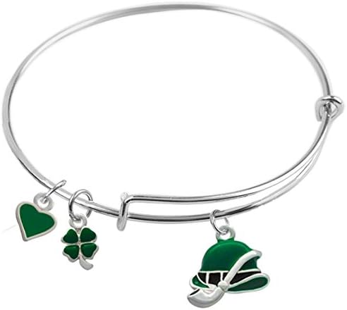Expandable Wire Bangle bracelet, "St. Patrick's Day" with Derby Hat and Pipe, Lucky Four-Leaf Clover and Green Heart charms, Qty 1