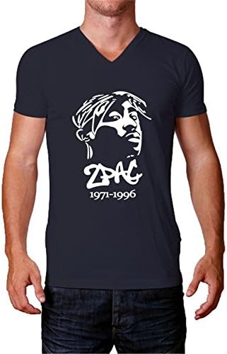 Joylucky 2pac Mens V Neck T Shirt Cotton Tshirt A0001 Short Sleeve Hip Hop Navy XL
