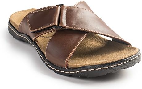 SANDALIQUE Mens "Buckle" Crossover Strap Slide Sandal With Classy Stiching Plus A FREE "SHOP USA" Brand Satin Eye Mask (12, Brown)