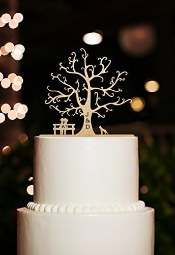 Cherry Blossom Tree Wedding Cake Toppers Bride and Groom with Dog Personalized Monogram Initial Letter Wood Cake Topper by woaijia0