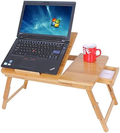 Augenblick Bamboo Adjustable Laptop Desk Table USB Fan Foldable Breakfast Serving Bed Tray w' Tilting Top Drawer