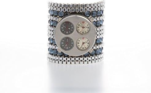 Innovative Extra Large Cuff Bracelet with Silver Chains, Timepiece &amp; Blue Genuine Swarovski Crystals