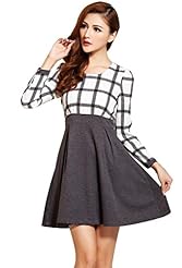 A-line Plaid Print Cocktail Above the Knee Long Sleeves Vintage Fitted Pleated Spring Cotton Skater Dress/Evening Dress/Party Dress/Mini Dress 