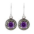 Sterling Silver Marcasite & Amethyst Round Earrings