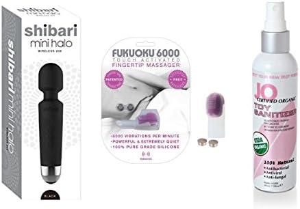 Shibari Mini Halo 20X Multi Speed Wand Massager (Black) + Fingertip Massager + Organic Sanitizer 4 Fl Oz