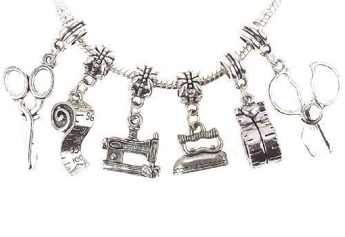 Sewing Machine Measuring Tape Scissors Iron Button Seamstress Dangle Charm for Snake Chain Bracelets