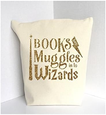 Books Turn Muggles Into Wizards, Canvas Tote Bag, Cream Canvas and Gold Glitter or Gold Metallic Words. Vinyl Lettering and Design by JEandMyDesigns
