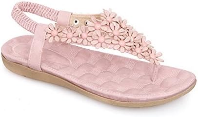 BeautyZone Womens Open Toe Low Heel PU Soft Material Solid Thong Sandals with Flower, Pink, 37