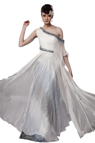 CharliesBridal White One Shoulder Floor Length Sequined Formal Evening Dress - M(6-8) - White CharliesBridal White One Shoulder Floor Length Sequined Formal Evening Dress - M(6-8) - White