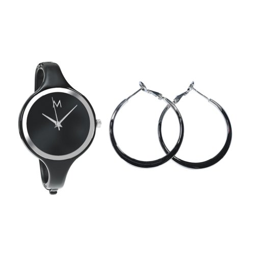 New Women's Alloy Metal Black Bangle Watch with Matching Black/Silver Earrings Gift Set