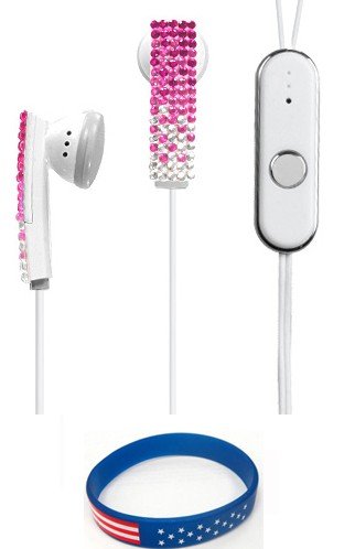 Gradient Hot Pink/White Diamante/Diamond Stereo Headset Hands-free for BlackBerry: Pearl 8110/ 8120/ 8130, Pearl Flip 8220/ 8230, Curve 8300/ 8330/ 8520/ 8530/ 8900, Bold 9000, Storm 9500/ 9530, 9550 (Storm2),9300 (Curve 3G) + Free Stars stripes WristBand