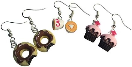 3 Cute Pairs of Kawaii Girls Bitten Donuts, Cafe Coffee Cups and Cupcake Earrings from Jenna Lyn