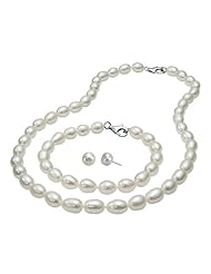 .925 Silver 7-8mm White Oval Freshwater Pearl Necklace, Bracelet & Earring Set