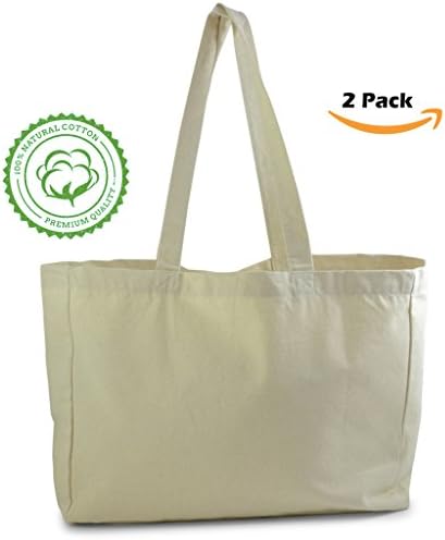 Natural Color Cotton Tote Bag (2 Pack) perfect for beach, grocery shopping, craft projects - extra thick, large, durable,washable,100% cotton