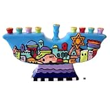 Childrens Ceramic Hannukah Menorah, With Colorful Jerusalem Skyline Design