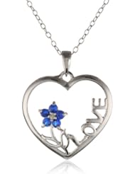 Sterling Silver Diamond Accent and Lab Created Sapphire Flower "Love" Heart Pendant Necklace, 18"