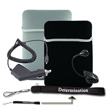 Kindle DX Reversible Sleeve (Black-Gray) + USB Data Cable + Black Car Charger + Black E-Reader Light + Determination Strap (Combo)