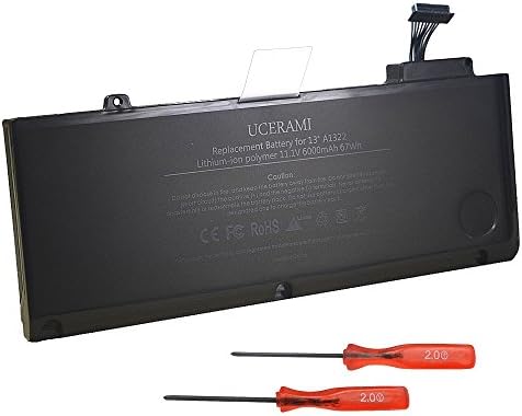 UCERAMI Laptop Replacement Battery Pack [Li-Polymer 6-cell 6000mAh/67Wh] for Apple A1322 A1278(2009 2010 2011 2012 Version) MacBook Pro 13" 2 Free Screwdrivers-18 Months Warranty