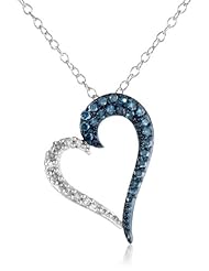 Sterling Silver Half Blue and Half White Diamond Angled Heart Pendant Necklace (0.25 cttw, I-J Color, I1-I2 Clarity)