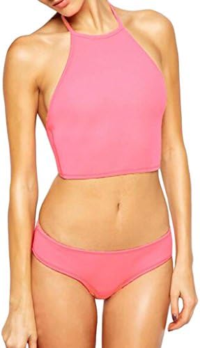 CNYY Womens Bandeau High Neck Low Waist Swimsuit Bikini pink