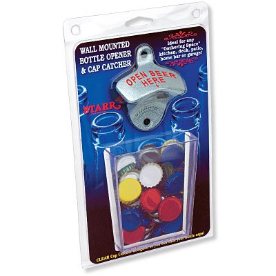 Open Beer Here STARR "X" Bottle Opener / Clear Plastic Cap Catcher Set