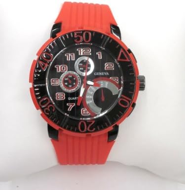 Large Textured Silicone Watch. Bright Red Band with Black Bold Face. Faux Chronograph Design.
