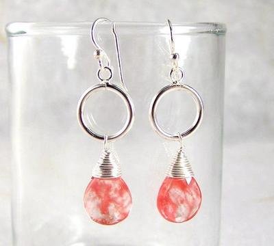Click here to buy Sterling Silver Circle Coil Wrapped Briolette Cherry Quartz Drop Earrings.