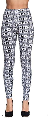 Women's Dollar Bills Print Casual Junior Leggings Shosho by Gazoz White/Black One Size