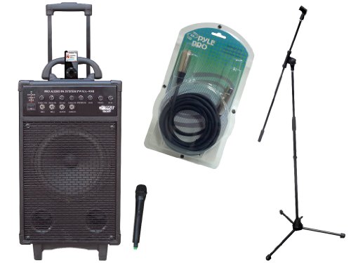 Pyle Super PA System & Accessories Package for Home/Office/Schools/Public -- PWMA930I 600W VHF Wireless Portable PA System/Echo With Ipod Dock + PMKS3 Tripod Microphone Stand With Extending Boom + PPFMXLR15 15ft. XLR Male to XLR Female Microphone Cabl