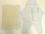 Cpk25bk, Knitted on Hand Knitted Machine Blue Chenille Beige Stripe Trimmed By Hand Crochet with Beige Chenille Infant Boys Cardigan Sweater Pant Hat Set and Contrast Blanket