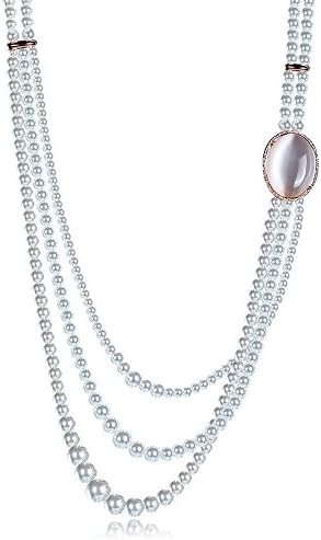 HuiEn Women's 18K Rose Gold Plated Imitation Pearl Opal Zircon Czech Drill Crystal Long Necklace Pendant for Sweater Chain Length 32inchs
