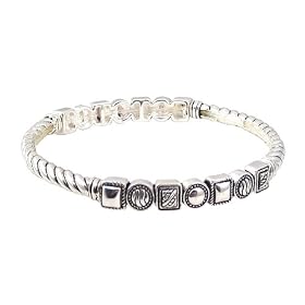 Bracelet - B203 - Bangle Style - Designer Inspired Stretch - Square and Round Twisted Swirl Pattern ~ Silver Tone Metal