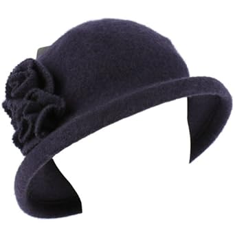 100% Wool Winter Cloche Bucket Flower Leaf Crushable Hard Brim Church Hat Navy