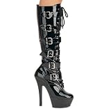 Goth Knee High Boots with 6 Inch Heel Lace-Up High Heeled Platform With Buckles Black