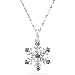10k White Gold Blue Diamond Snowflake Pendant (1/10 cttw, I-J Color, I2-I3 Clarity), 18"