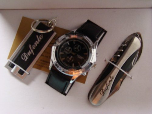 DUFONTE BY LUCIEN PICCARD BLACK WATCH, KEYCHAIN & POCKET KNIFE SET