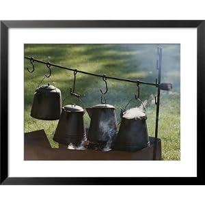 Four Metal Coffee Pots Steaming over an Outdoor Grill Photography Framed Art Poster Print by Michael S. Lewis, 31x25