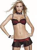 Sexy Underwire Red Bra Skirt Set Mesh Black Gstring Skirt Removable Garters Women's Lingerie