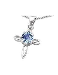 Original Star K (tm) Round Simulated Aquamarine Cross Pendant in 925 Sterling Silver