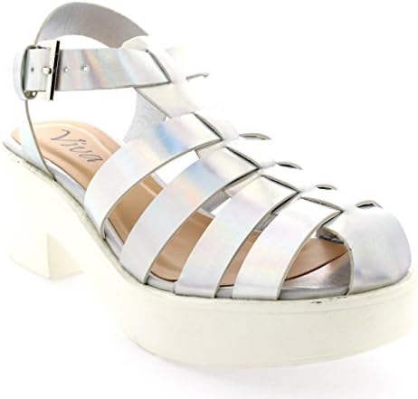 Womens Pumps Cut Out Mid Heel Gladiator Platform Block Heel Shoes Sandal - Silver Hologram - 9 - 40 - CD0207B