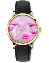 SPRAWL Aanalog Fashion Series Gold Ladies Watches of Genuine Black Leather Strap,Unique Wrist Watch for Women Girls Designed with pink daisies