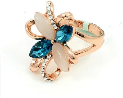 Sworovski Blue Crystal and White Imitation Opal Flower Ring