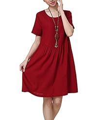 Summer Linen Short Sleeves Pleated Round Neck  Dress