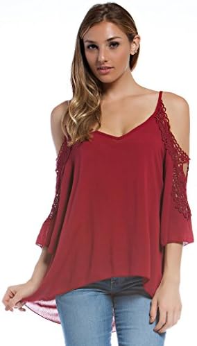 Orange Creek Women's Crochet Cold Shoulder Lace Crinkle Chiffon Blouse Burgundy Large