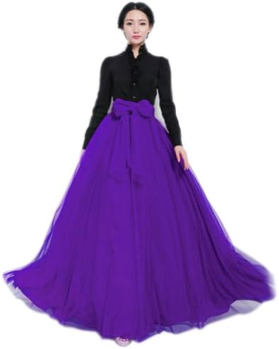 Sumous Summer Mesh High-Waisted Skirt Maxi Long Billowy Skirt (Purple)