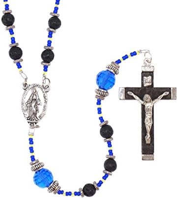 Heirloom Quality Carved Oval Blessed Virgin Mary Medal Vintage Design Pendant Rosary with 6mm Capped Round Black Glass and Capped Faceted Round Transparent Blue Glass Our Father Beads with Black Wood Inlay Metal Bound Crucifix Gift Boxed