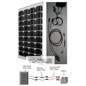 Tektrum 50 watt Solar Panel/Blocking Diode Cable/2m long Cable and Clamps Battery Charger Kit for RV, Home, Boat, Pool